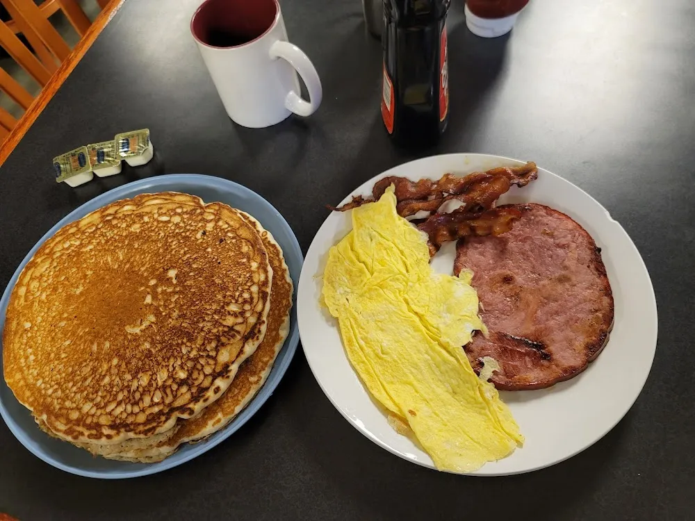 2pancakes with Eggs Bacon and Ham